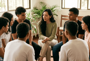 La Psicologa Mary Bejarano en terapia con un grupo de jovenes