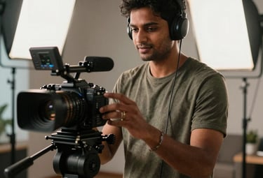 A South Asian / Indian content creator during a professional video shoot in a stylish studio, surrounded by soft video lighting and camera gear.
