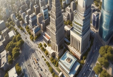 A modern, dimly lit interior with a sleek design dominated by large, criss-crossing ceiling lights. The reception area features a desk with red flowers and several people behind it. Large windows on the side let in some natural light, and the atmosphere is professional.