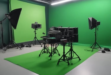 Two men are engaged in a video production setting. One man operates a professional camera and monitors the footage on a screen, while the other appears to be holding a smartphone, possibly assisting or recording as well. The background features photography equipment, including a large softbox light and a tripod.