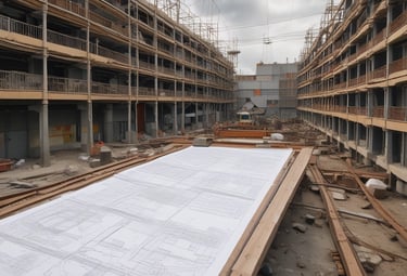 A construction site with workers and equipment in action.