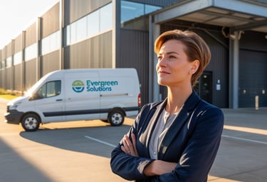 Mujer empresaria segura frente a nave industrial, reflejando liderazgo y visión.