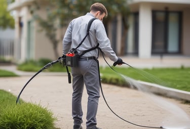 A small insect with a reddish-brown body and black spikes is positioned on a wooden or textured vertical surface. The background is blurred and light-colored, creating a shallow depth of field effect.
