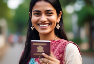 A hand is holding a brown passport with an emblem and text on the cover that indicates it is a Thailand passport. The text is in both Thai and English, and the background is plain and light-colored.