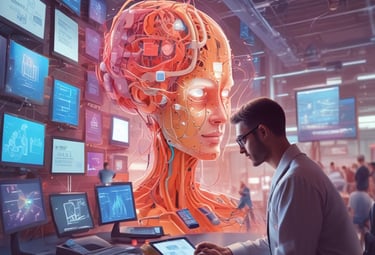 A futuristic and digital-themed image features a stylized circuit board with the words 'Open AI' in bold, glowing letters. Above it is a design that resembles an AI or robot face with neon accents. The background consists of a network of interconnected blue lines and nodes, suggesting themes of technology and connectivity.