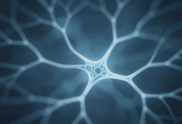 An image representing memory and neural connections: delicate glowing threads forming a complex web, symbolizing Alzheimer's screening research, in shades of muted blue.