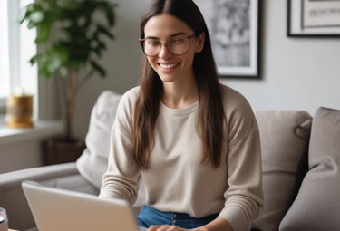 A person participating in a virtual therapy session on a laptop at home.
