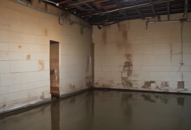 Worker in protective gear removing mold from a damaged wall inside a home.