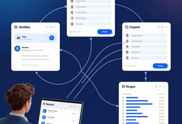 A digital marketing strategist analyzing AI-driven performance data on multiple screens.