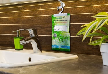 deodoriaer hanging bag on a benchtop in a laundry 