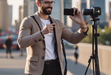 A person wearing sunglasses and a branded white puffer jacket leans casually against a metal railing. The background includes blurred greenery and a sunny outdoor setting.