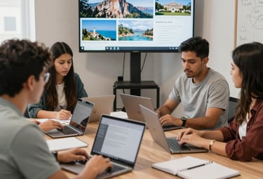 A group of tourists are gathered around a guide who is holding a brochure or map. The setting appears to be a historical or cultural site with ornate architecture in the background and an archway. The guide is wearing a hat and glasses, and the tourists are mostly wearing casual clothing and hats.