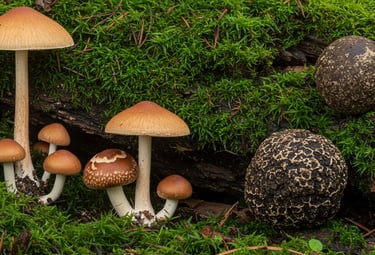 a group of mushrooms and mushrooms in the woods