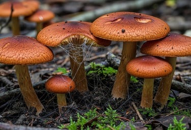 Hongo Cortinarius de color marrón rojizo en suelo húmedo, captado con luz difusa y textura de miceli