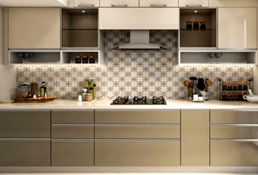 Modular Kitchen with ceramic tile, hob and chimney