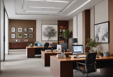 A modern and bright home office with white walls and ceiling lights. There are two desks with office chairs, one of which is facing a computer on the desk. The room features a skylight, allowing natural light to flood in. There is a large flat-screen TV mounted on the wall, a black and brown rug on the floor, and a tall green plant in the corner. The overall space appears clean and organized.