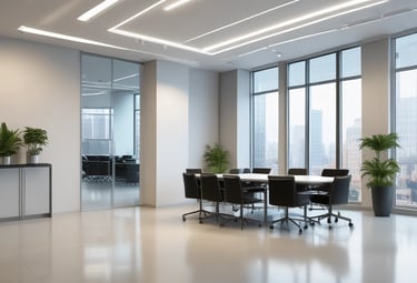 A person in a cleaning uniform is pushing a floor cleaning machine in front of a large wall made of blue-tinted glass blocks. The shadowed silhouette of another person is visible in the foreground, captured mid-step, creating a dynamic sense of motion.