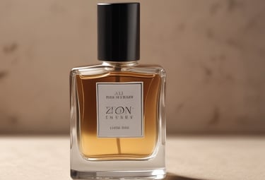 A clear glass perfume bottle with gold accents sits atop smooth, white, rounded stones. Delicate dried flowers are positioned to the right, adding a natural element against the minimalist white background. The bottle is labeled with elegant script.