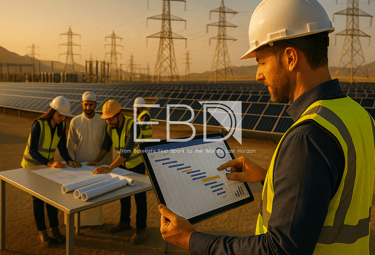 EBD engineers at an Oman substation during golden hour, planning utility-scale solar, BESS and 400 kV grid works.