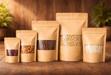 Brown kraft paper stand-up pouches with window for food packaging containing nuts and grains.