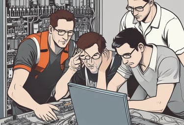 A diverse group of people collaborating around a table with laptops and notes in a modern workspace.