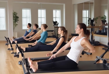 A serene Pilates studio setting with mats and props arranged for a workshop.