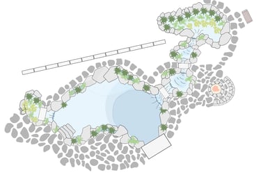 Natural pool site plan with bridge stones, waterfalls, wetland filter & patio fire pit | Aqua Vitae