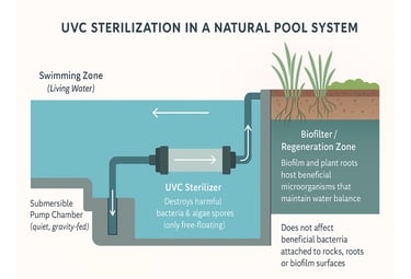 Diagram explaining UV sterilization process in a natural pool filtration system | Aqua Vitae
