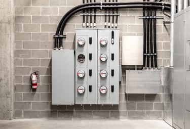 A commercial service panel and electric service meters