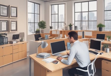 A modern coworking space with a stylish and open layout. The room features a long bar-style table with high black chairs, pendant lighting, and a glass partition on one side. Two people are seated at a round table in the center, engaged in discussion, and using laptops. The room is decorated with plants, shelves, and a large green abstract mural on the wall.