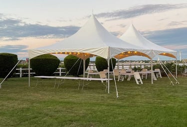 20x49 white tent, outdoor event, tables, chairs