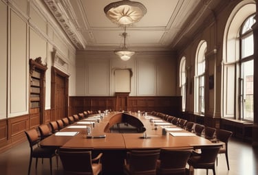A modern conference room with a large table and legal documents spread out.