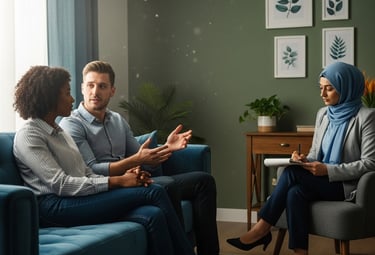 a man and woman sitting on a couch in a therapists office with a therapist taking notes