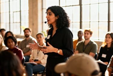 a woman in a black dress standing in front of a crowd of community doing a workshop on mental health