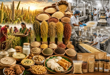 A collage showing millet farming, processing in a factory, raw grains, and healthy millet-based food products.