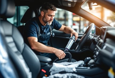 technicians cleaning the inside of a car 