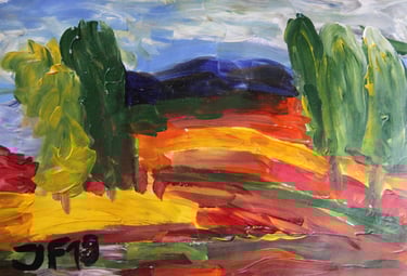 a landscape painting of fields and trees
