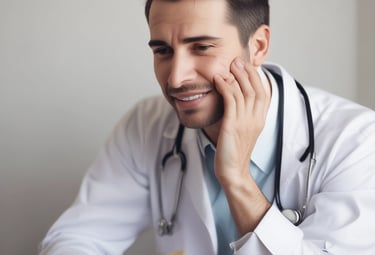 Two dental professionals are working on a patient seated in a dental chair within a modern dental office. The room has white walls, a large window, and a ceiling light fixture with circular designs. Dental equipment and tools are visible around the chair, and a potted plant adds greenery to the space.