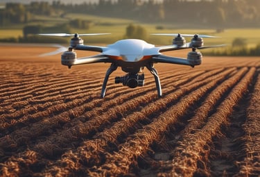 A tractor is spreading fertilizer or lime on a vast, freshly plowed agricultural field. The fields stretch towards the horizon, bordered by trees and distant farm buildings under a clear blue sky. White dust billows behind the tractor, contrasting with the soil's earthy tones.