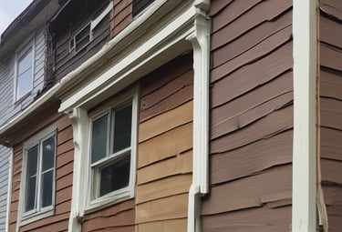 The upper portion of a dark-colored house with a triangular roof is visible. There is a small, arched window with white framing near the peak of the roof and a larger set of rectangular windows below it. The house exterior is covered with dark shingles, and the sky in the background is overcast.