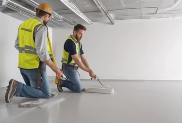 A residential complex with white buildings featuring blue accents, including window frames and railings. Solar water heaters are visible on the rooftops. The sky is overcast with grey clouds, and there is a palm tree partially visible on the right.