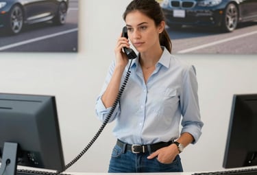 A customer service representative talking on the phone in a professional office.