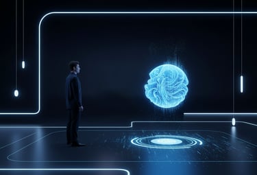 Ein Mann steht in einem Raum und blickt auf einen freischwebende digitale Kugel aus Licht