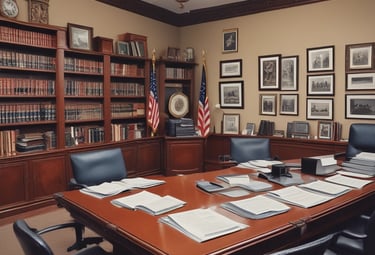 A group of men in suits gather in a room with wooden chairs and bookshelves. The room features a high ceiling with hanging lights and a brick fireplace at the far end. Some men are seated, while others stand around the perimeter, engaging with one another.