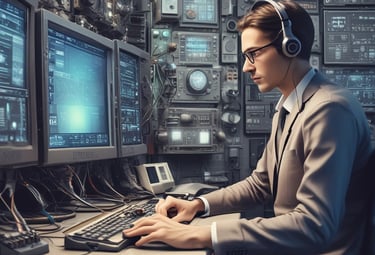 A support team assisting customers with technology.