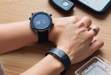 A person uses a small medical device, likely a blood glucose monitor, on their fingertip. The background includes a wooden table with two biscotti and a cup of coffee. The person is wearing a grey jacket and appears to be performing a health-related task.