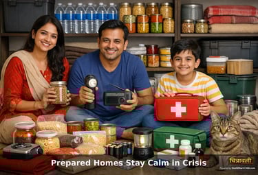 Indian family preparing emergency food and disaster readiness supplies at home with organized grains, water and first aid