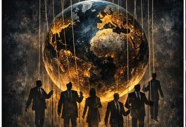 Global powers controlling world politics like puppets representing hidden geopolitical influence