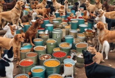 a large group of dogs and cats enjoying their meals