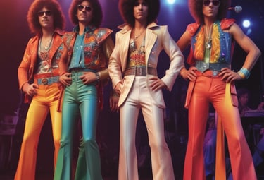 A group of musicians performing on stage, with one playing the saxophone in the foreground. They are wearing sunglasses and black shirts. In the background, other band members are playing brass instruments like trumpets and trombones. The stage backdrop features a geometric pattern with bright lighting.